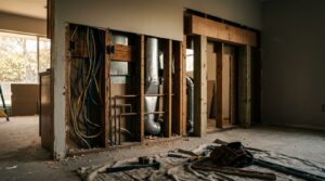 An opened wall shows studs, wiring, pipes, ductwork, and a temporary support beam.