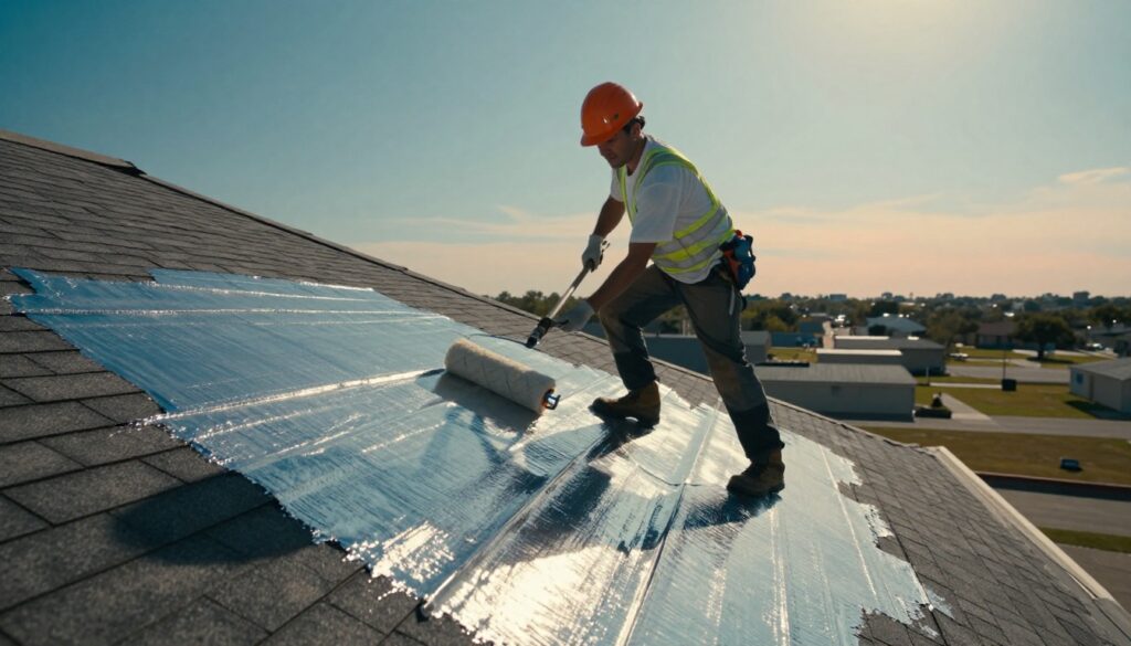 Roof Coating 3 A roofer applies reflective coating across a sunlit shingle roof.
