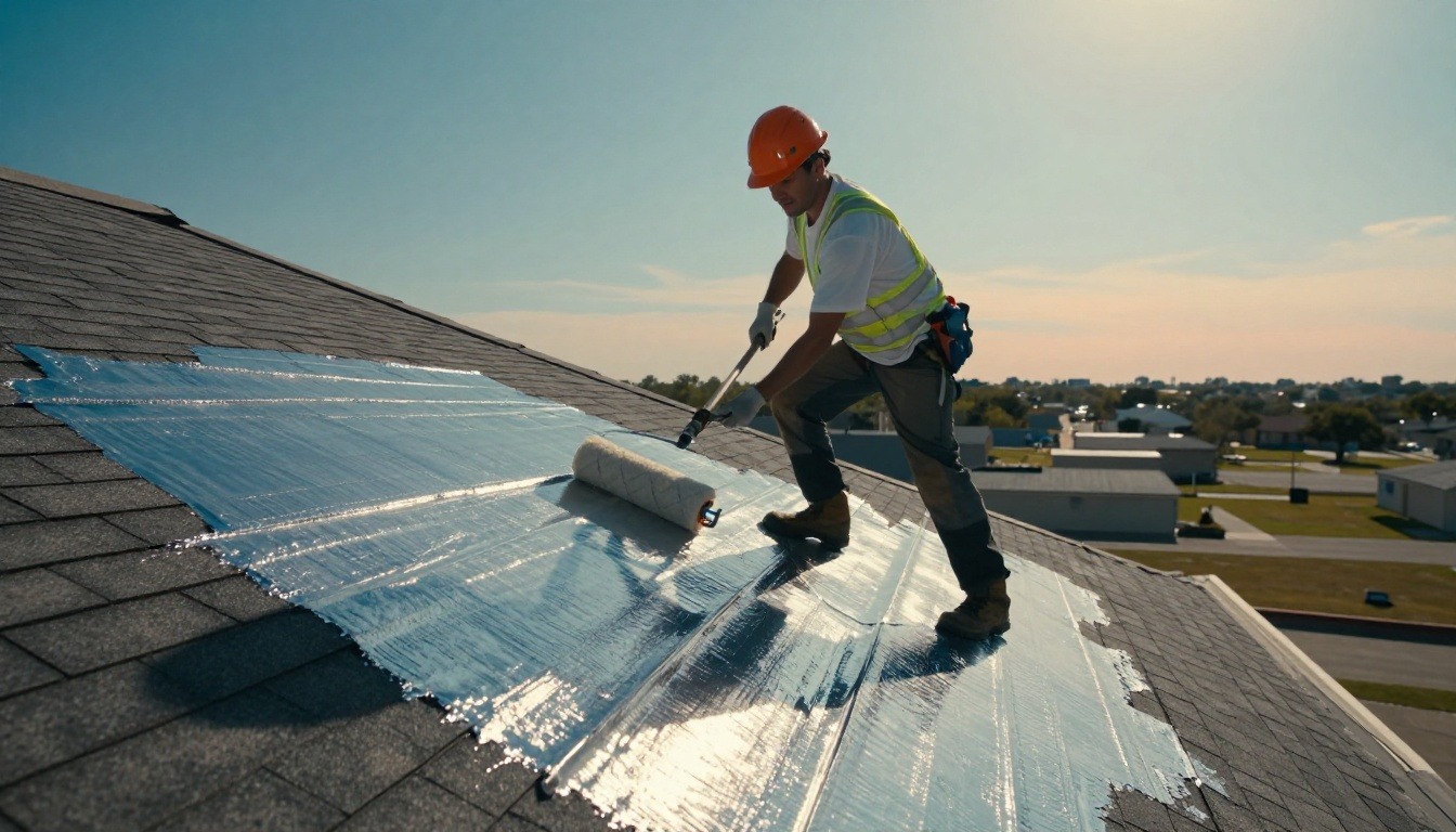 A roofer applies reflective coating across a sunlit shingle roof.