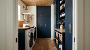 Compact laundry room with stacked appliances, navy cabinets, and a folding counter.