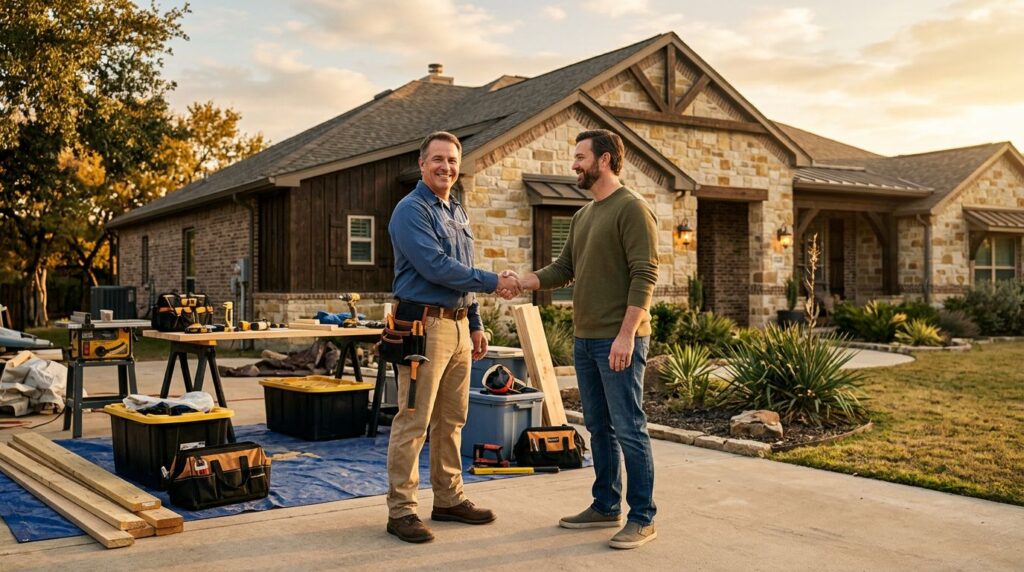 Why Family-Owned Contractors Deliver Better Customer Service 1 A contractor and homeowner shake hands outside a sunlit home beside renovation tools.