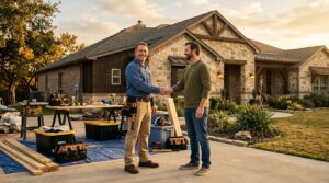 A contractor and homeowner shake hands outside a sunlit home beside renovation tools.