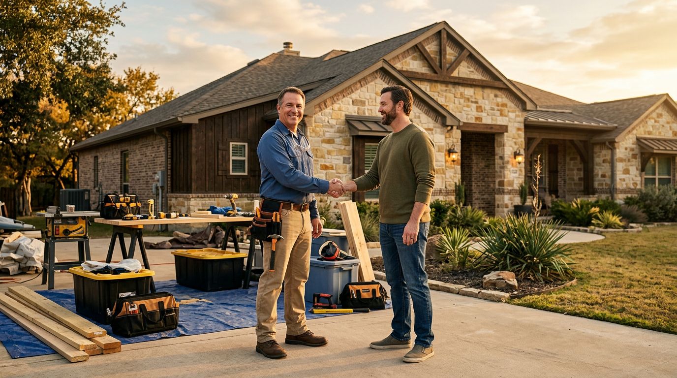 A contractor and homeowner shake hands outside a sunlit home beside renovation tools.