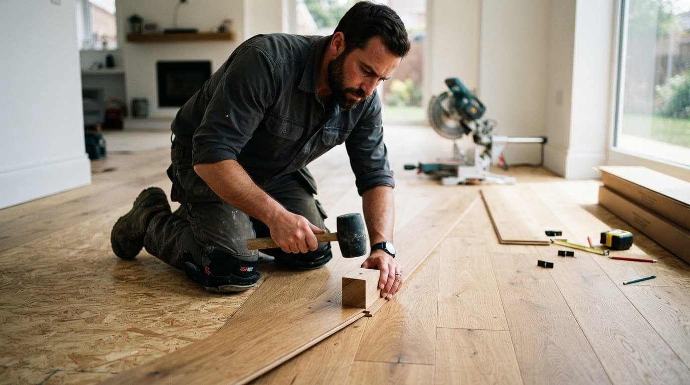 A contractor installs hardwood flooring in a bright suburban room.