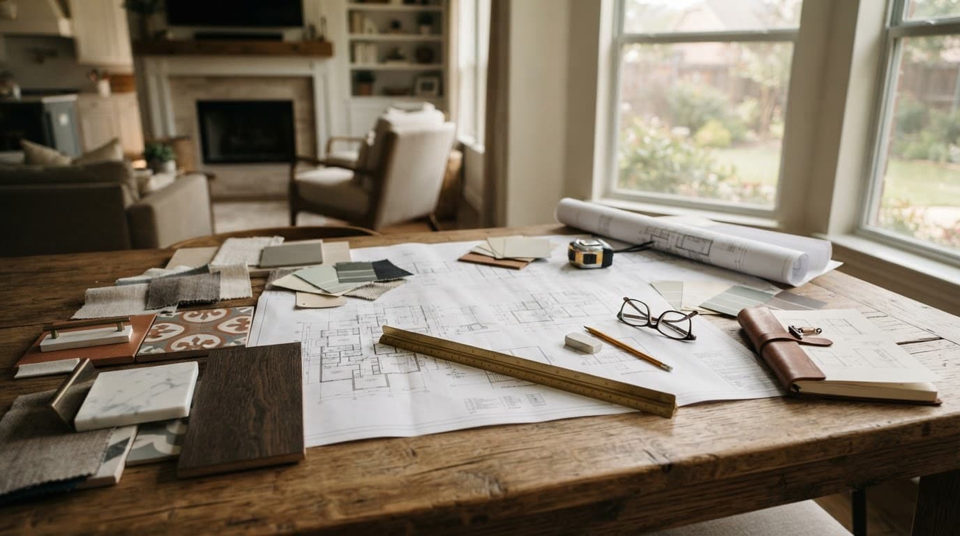 Design-Build vs Separate Contractors for Major Remodeling 1 Blueprints and renovation samples arranged on a wooden table in warm natural light.