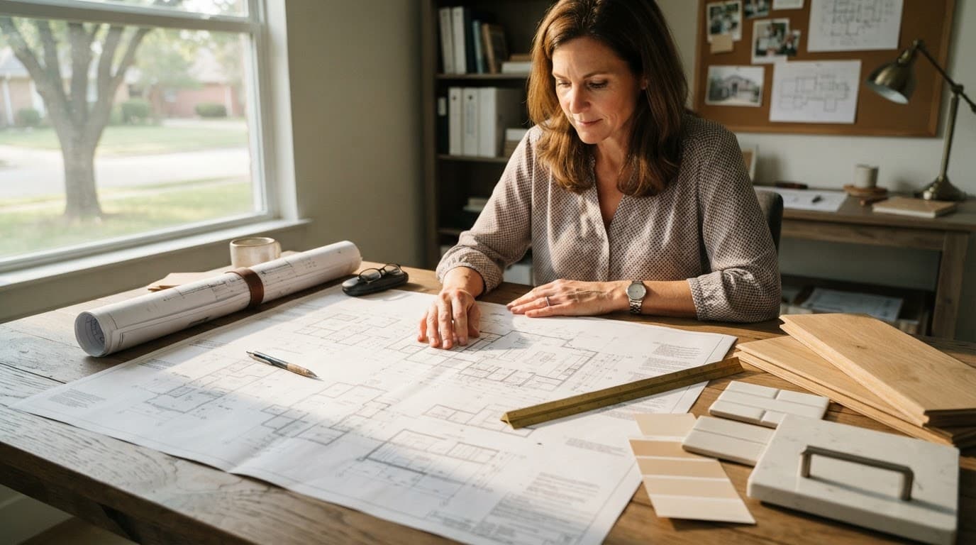Construction Drawings: A Homeowner's Field Guide 1 A homeowner reviews project plans beside rolled drawings and remodeling materials.