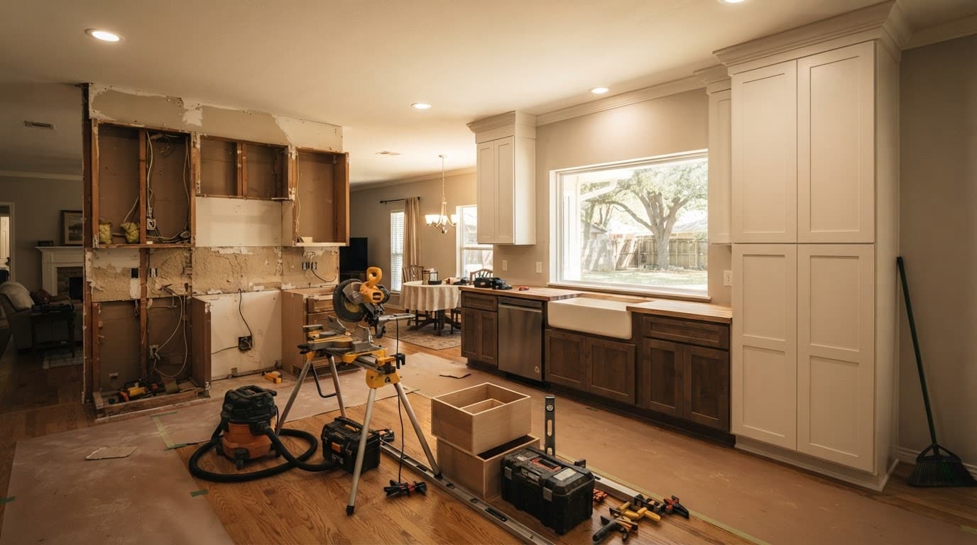 Cabinet Refacing vs Replacement for Older Kitchens 2 Kitchen under renovation with new cabinets, open walls, and tools on the floor.