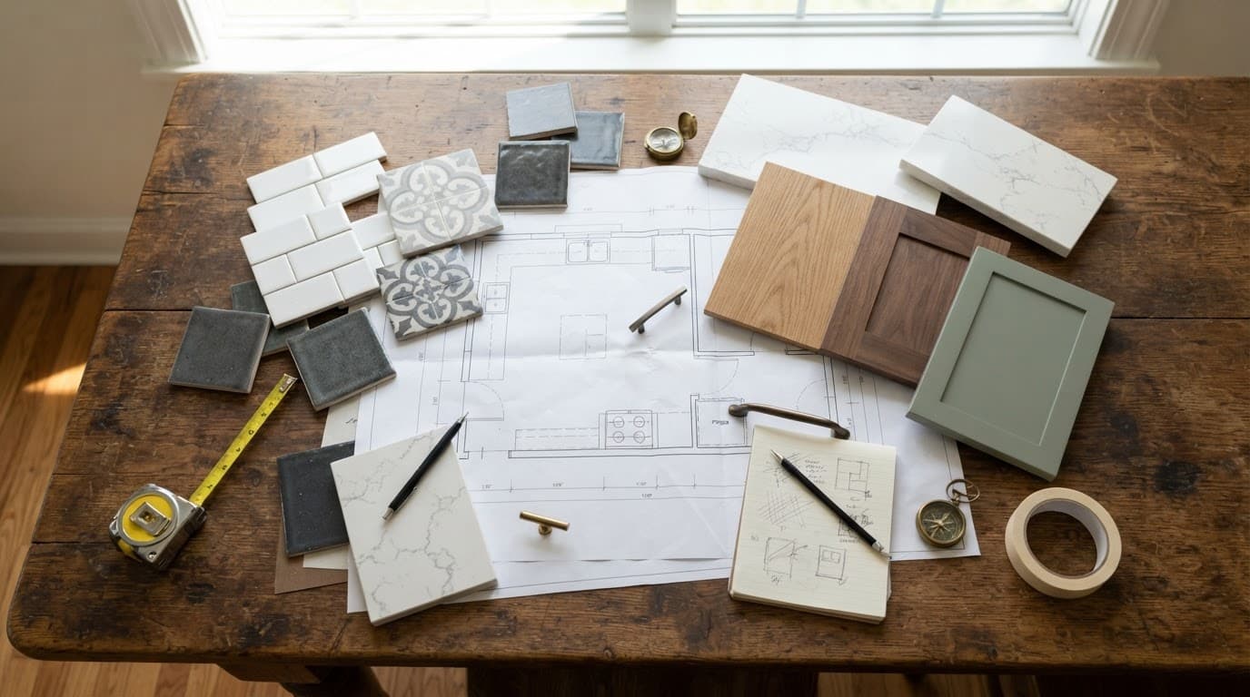 Kitchen Remodel Cost North Texas: 2026 Budget Guide 3 Kitchen plans, tile samples, and wood swatches spread across a rustic table.