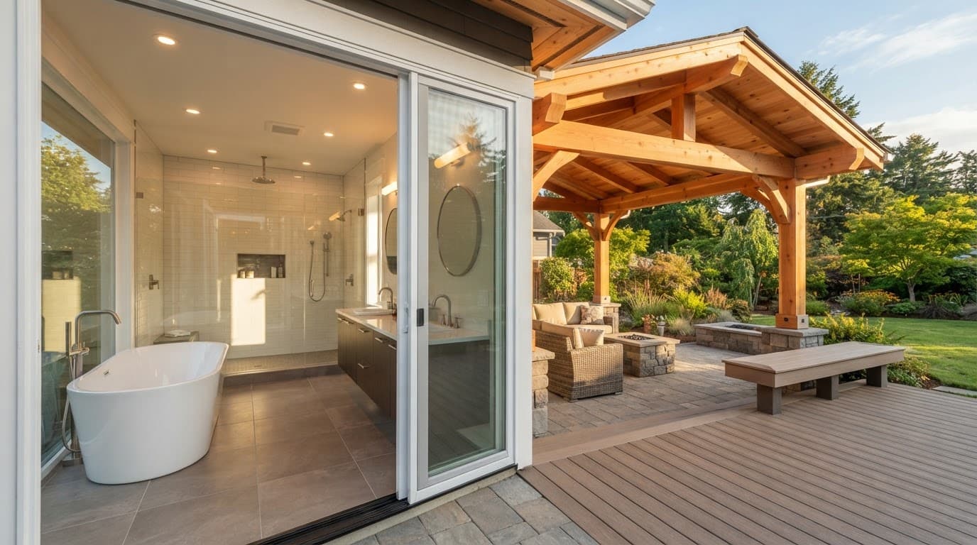 Design-Build vs Separate Contractors for Major Remodeling 3 Remodeled luxury bathroom beside a cedar patio cover in warm sunlight.