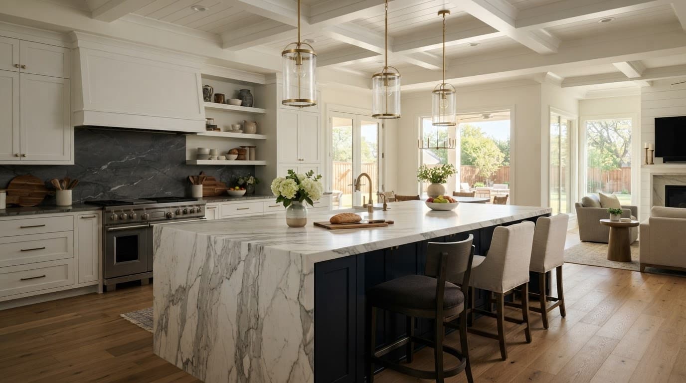 Kitchen Remodel Cost North Texas: 2026 Budget Guide 4 A luxury kitchen island with marble sides beneath modern pendant lights.