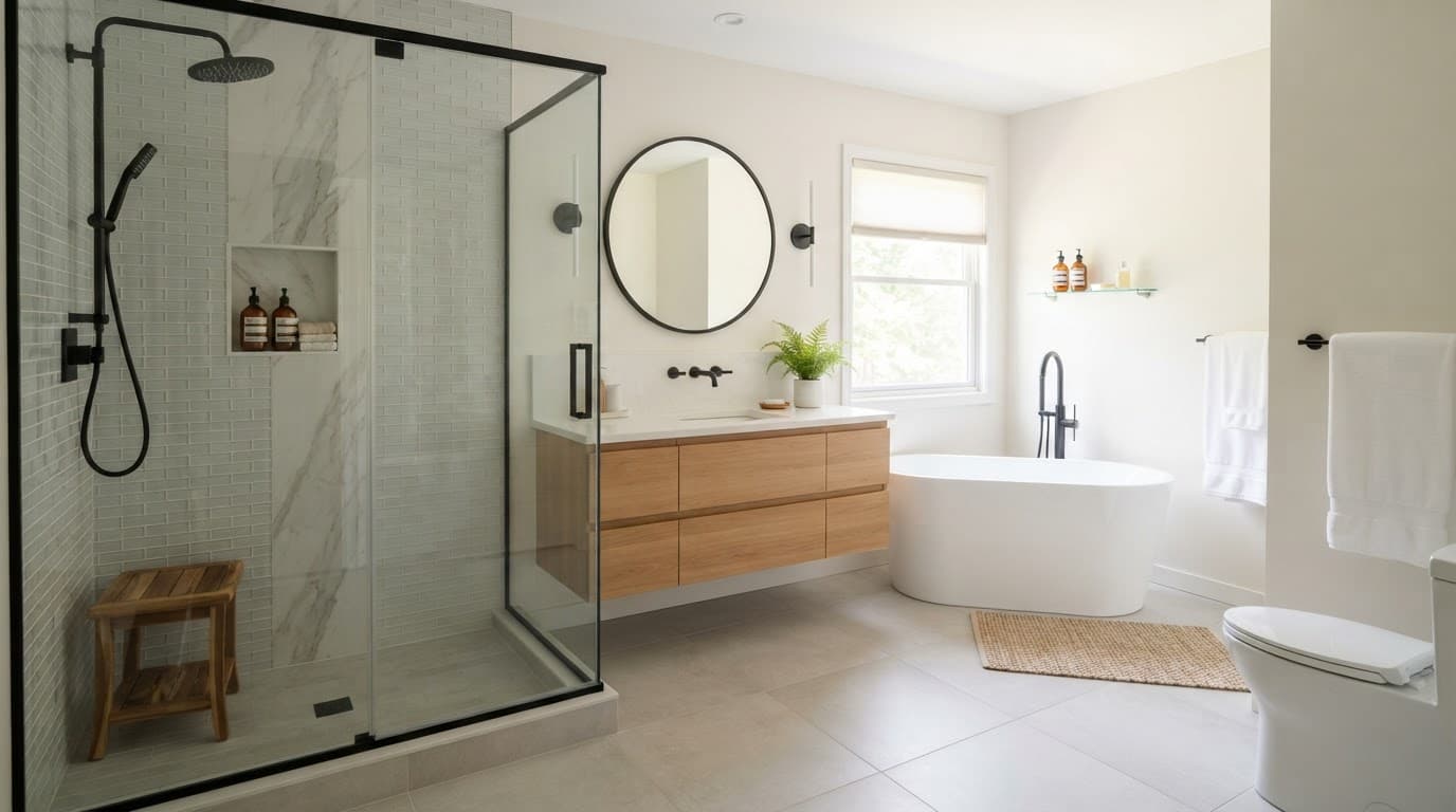 Bathroom Design Choices That Work in North Texas 1 Bright modern bathroom with neutral tile, glass shower, and streamlined vanity.