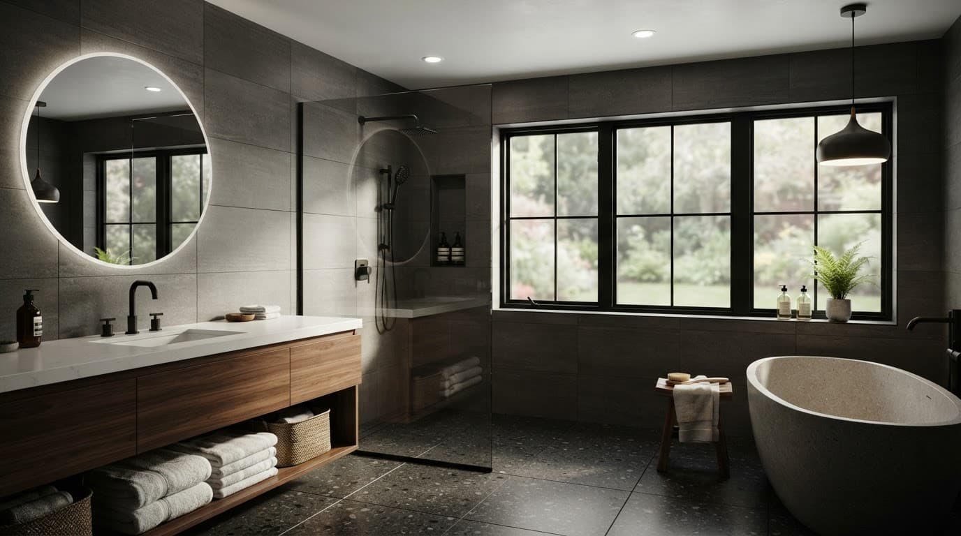 Modern bathroom with gray tile, glass shower, floating vanity, and bright replacement windows.
