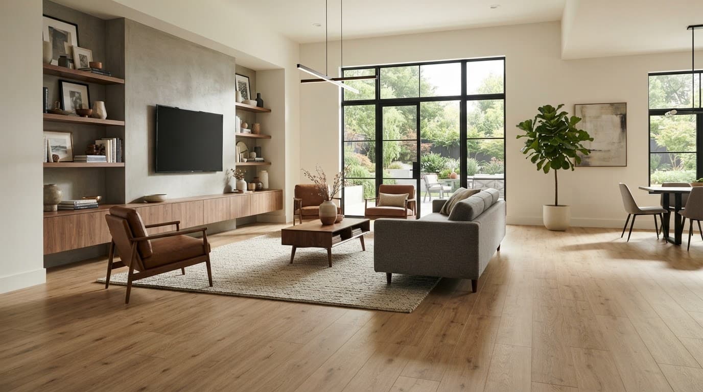 Modern living room with luxury vinyl plank flooring, sofa, and coffee table.