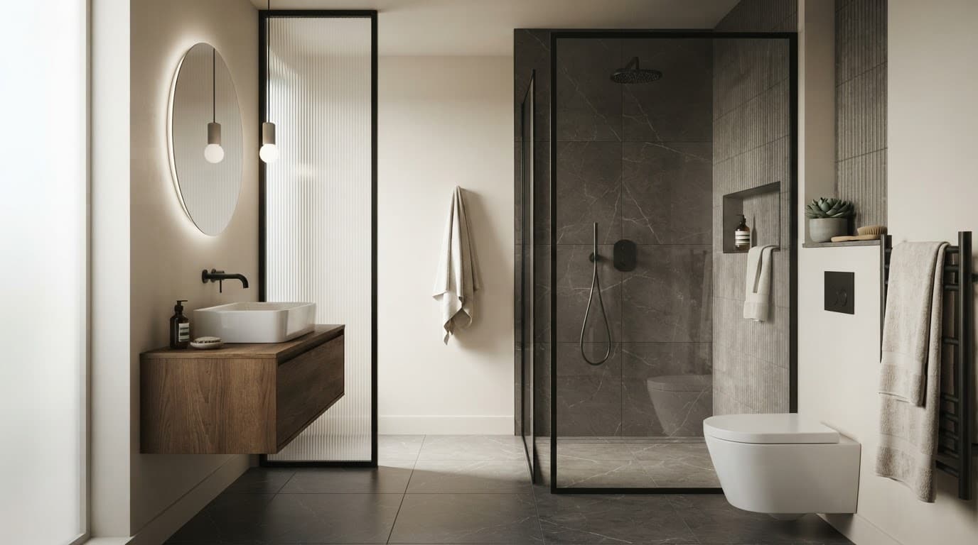 Modern bathroom with tiled walls, floating vanity, chrome fixtures, and glass shower.