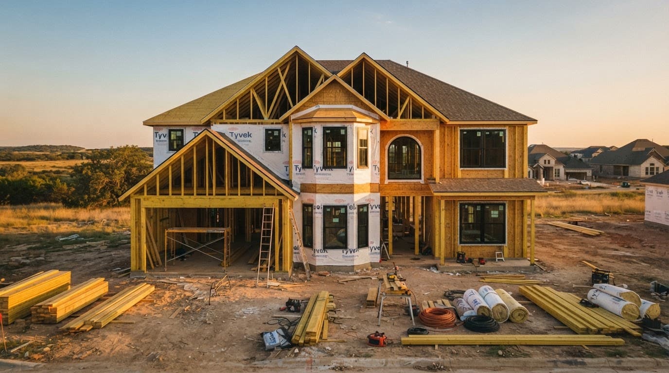 Design-Build vs Separate Contractors for Major Remodeling 2 Partially built home with new framing and replacement windows in warm evening light.