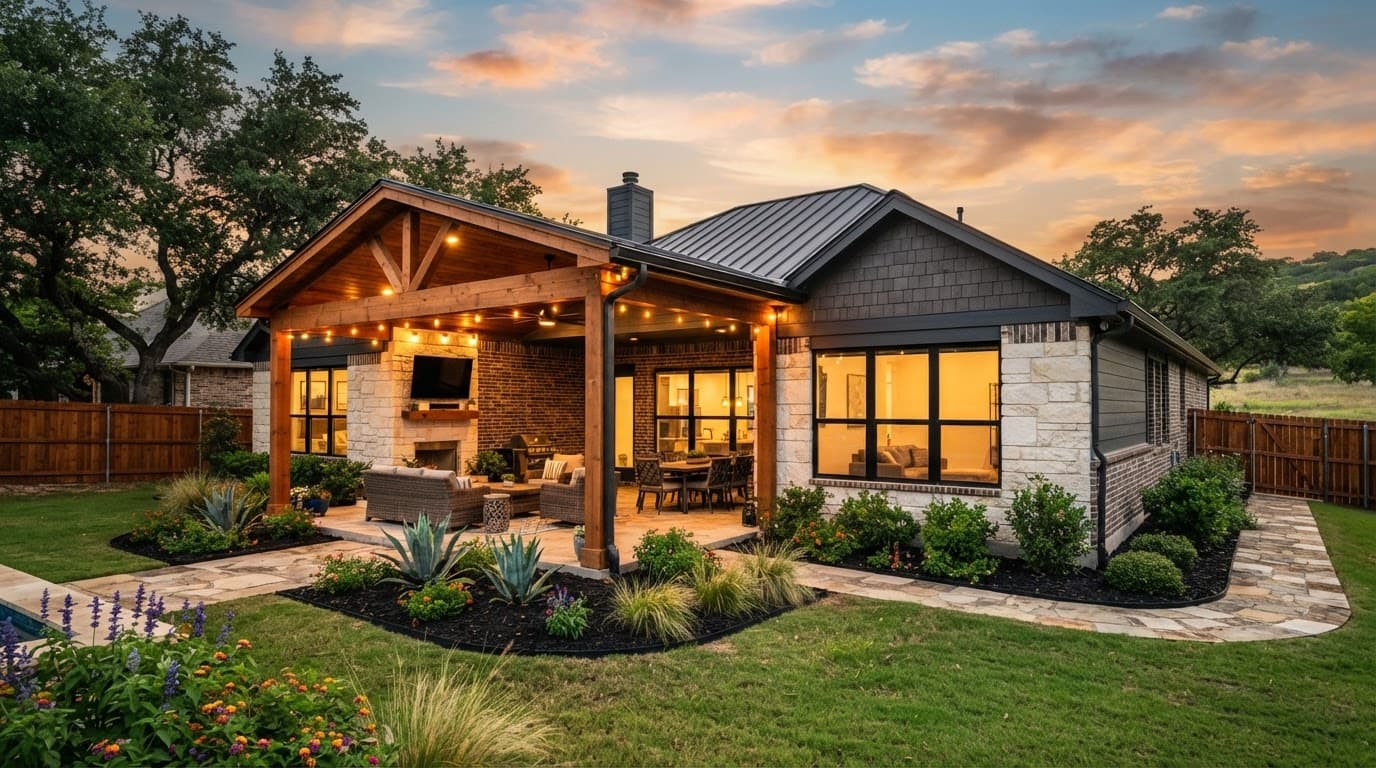 A North Texas home with a cedar patio cover, bright windows, and fresh landscaping.