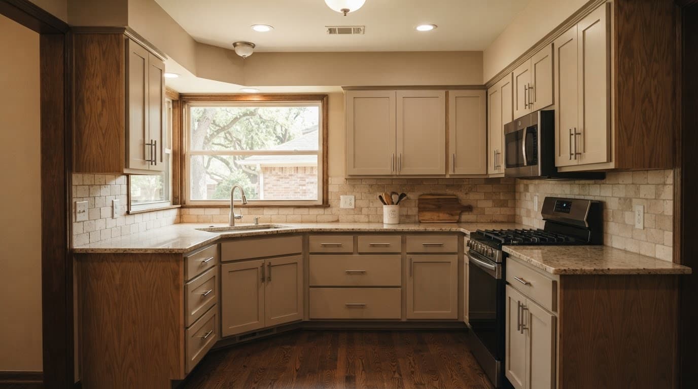 Cabinet Refacing vs Replacement for Older Kitchens 1 A bright older kitchen with refreshed painted cabinets and new hardware.