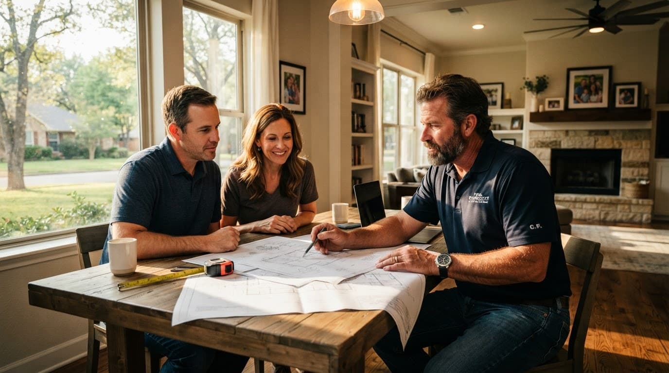 A contractor discusses remodeling plans with two homeowners in a bright living room.