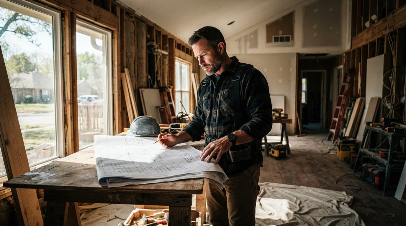 A contractor reviews blueprints inside a bright home under dramatic light.