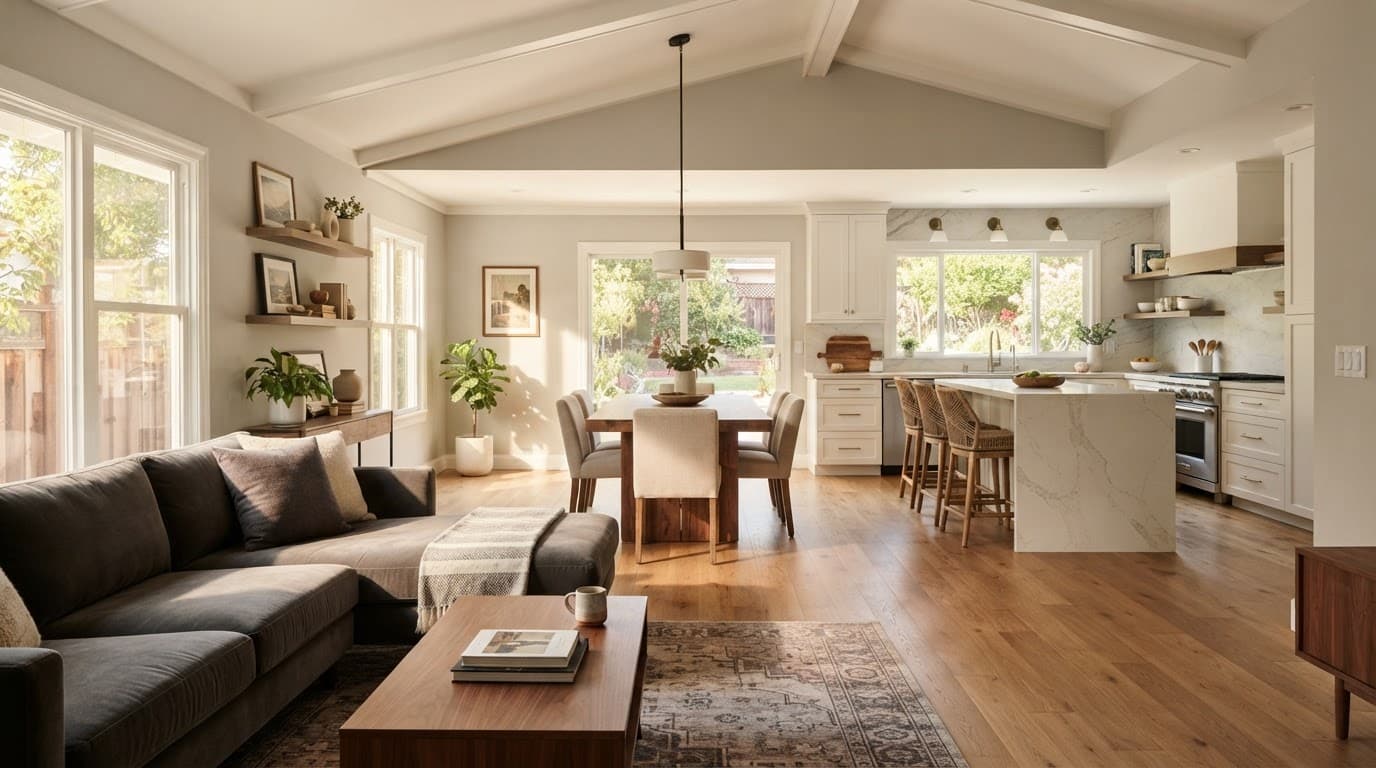 Open Concept Remodel: Check the Wall Before Demolition 2 Sunlit open-plan living room and modern kitchen with an island and comfortable seating.
