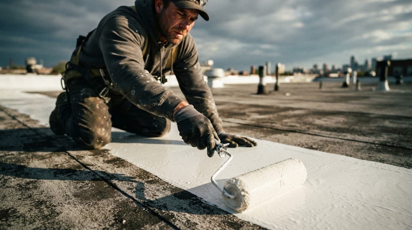 A roofing professional applies white coating to a low-slope roof.