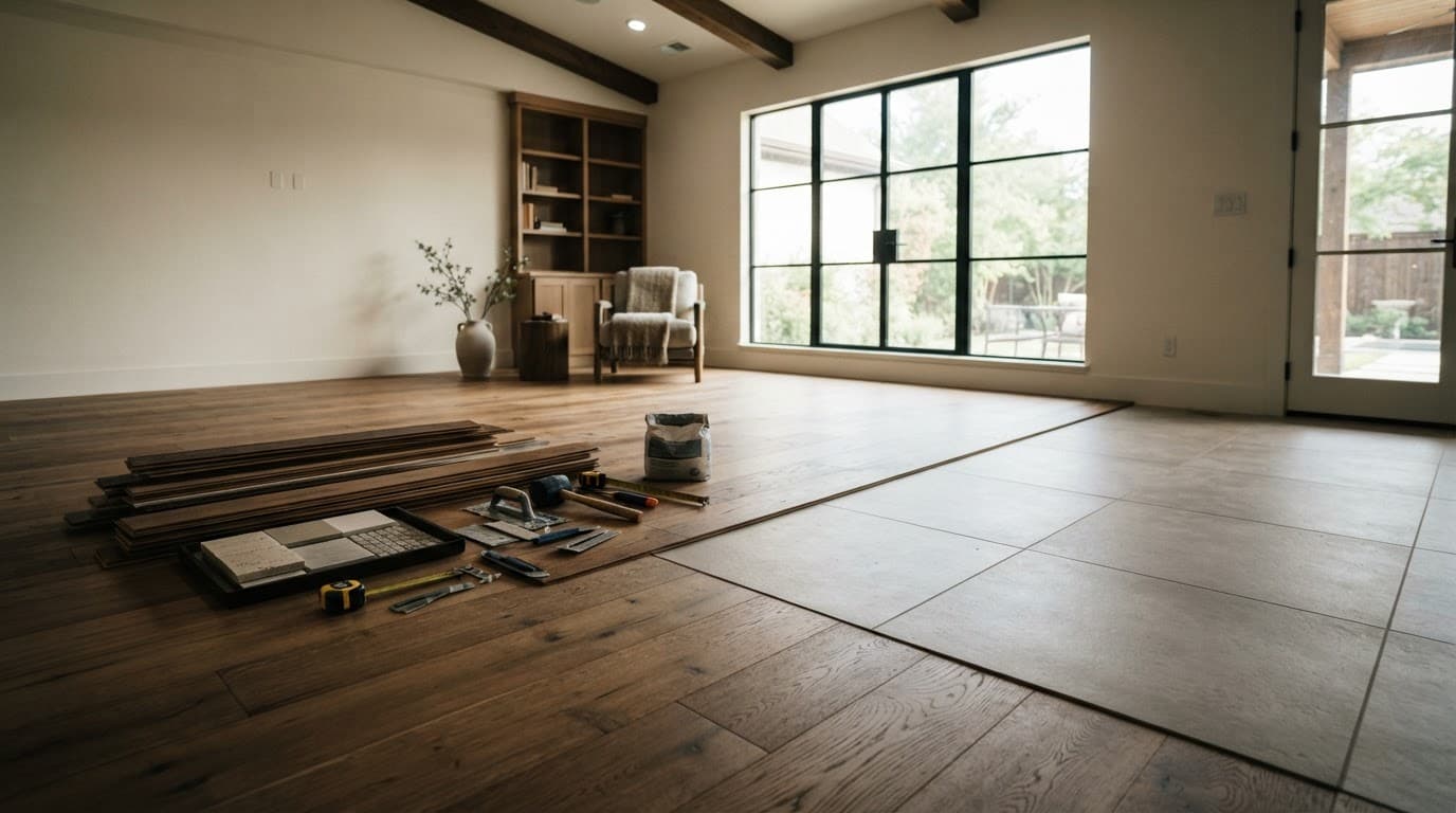 Hardwood and tile flooring samples with installation tools in a sunlit room.