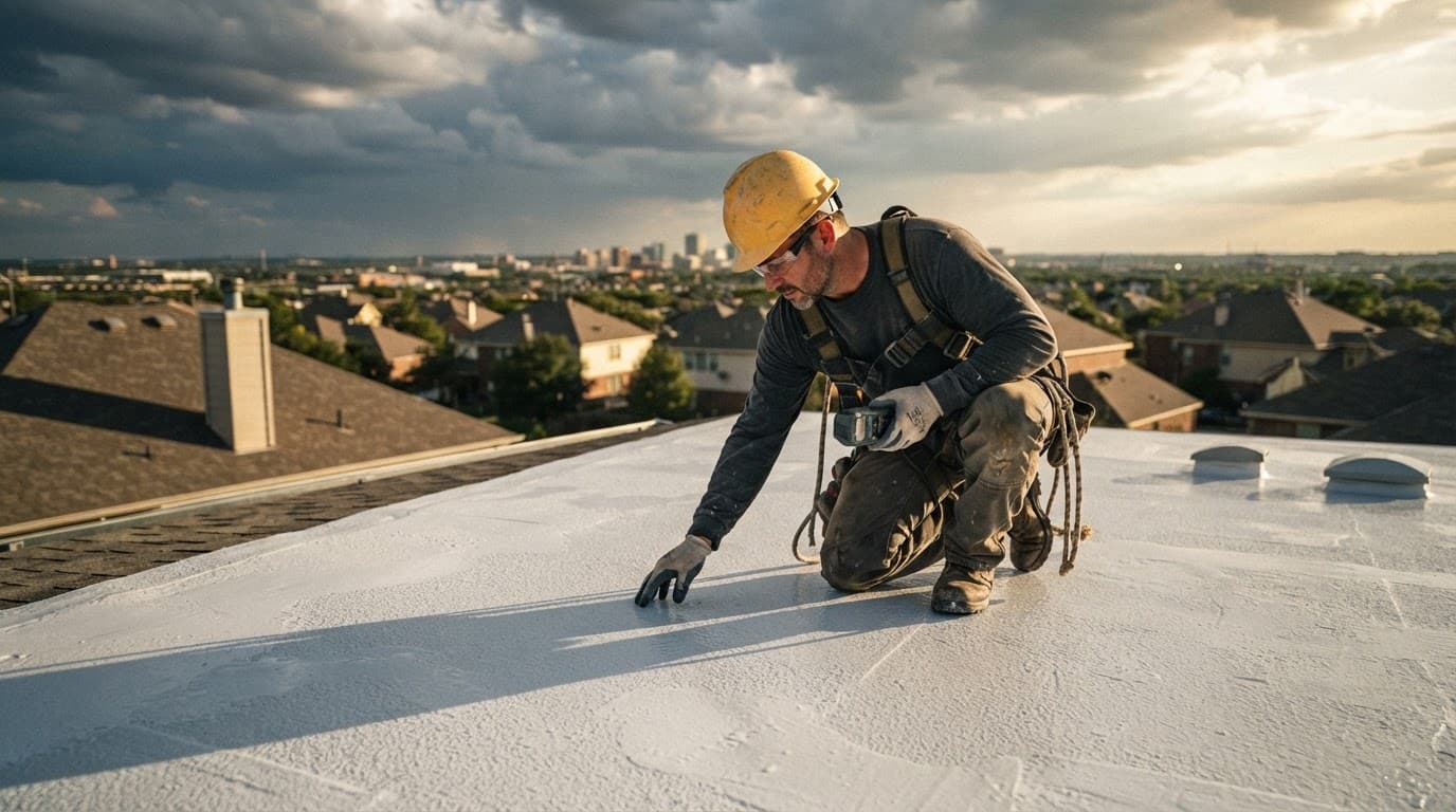 Roofer inspecting a freshly coated residential roof in dramatic sunlight.
