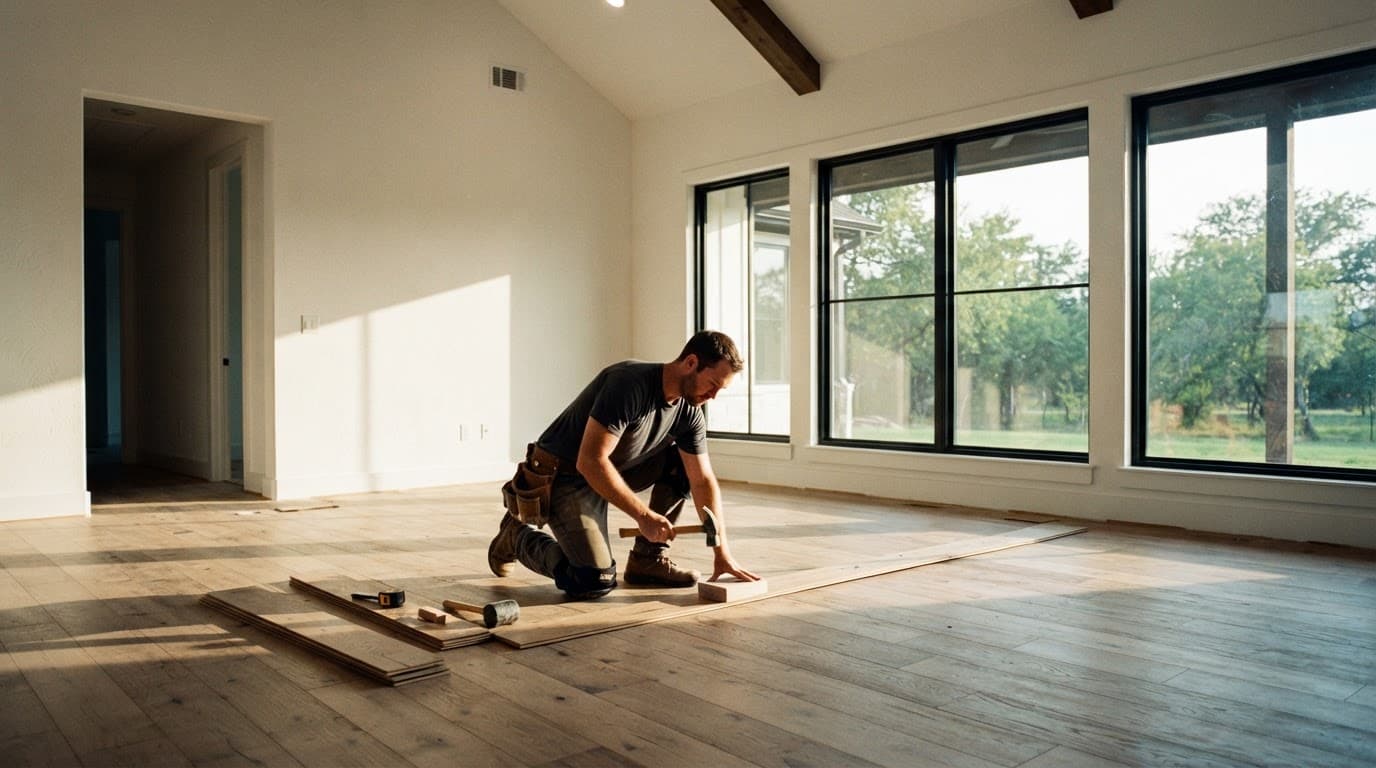 A person stands in a modern Texas room with new windows and warm hardwood floors.