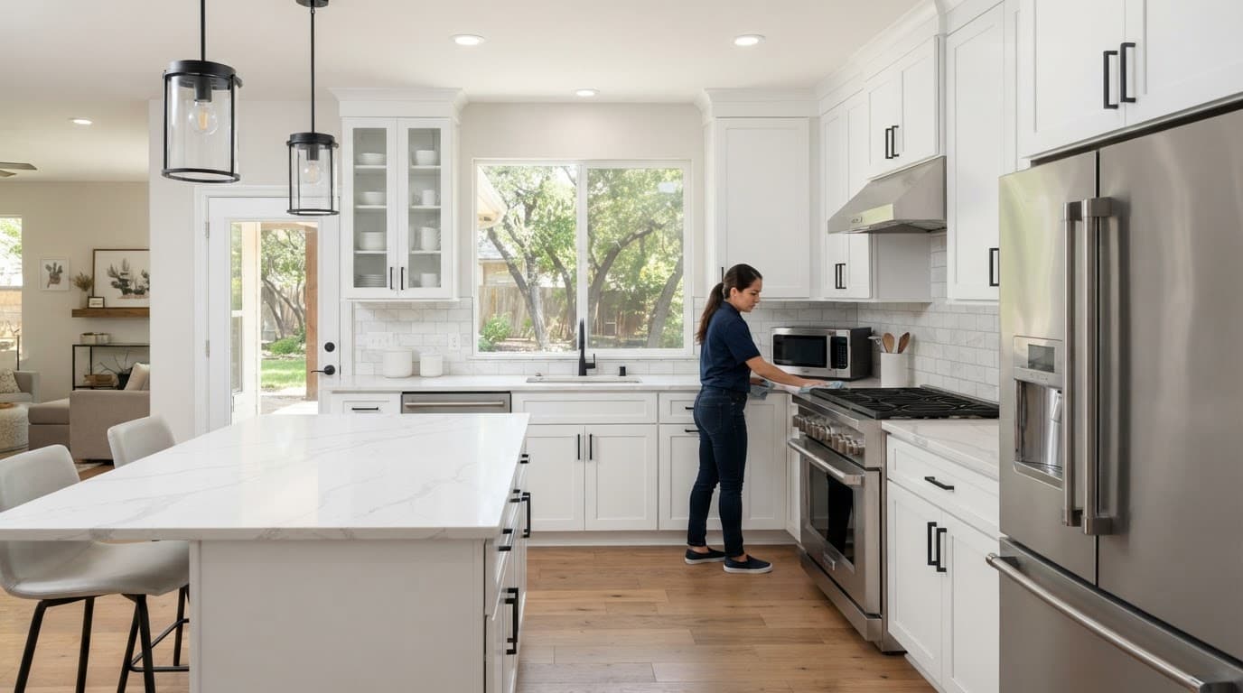 Kitchen Remodel Cost North Texas: 2026 Budget Guide 1 Modern kitchen with white cabinets, quartz counters, stainless appliances, and one person in the background.