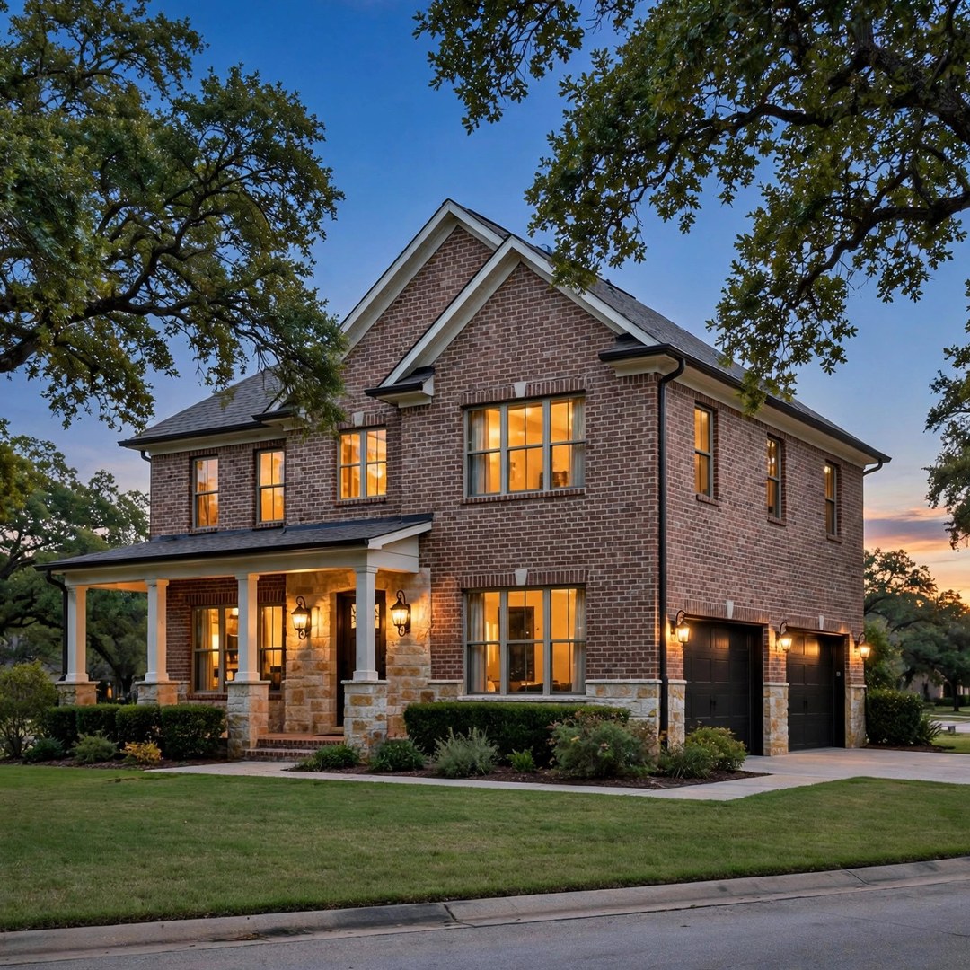 General Contractor Corinth TX 4 Two-story brick house at dusk