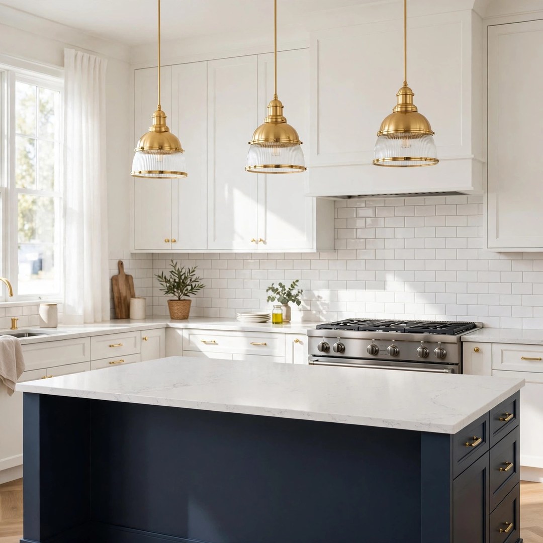 General Contractor Corinth TX 2 Kitchen with navy island, white cabinets, and light countertops