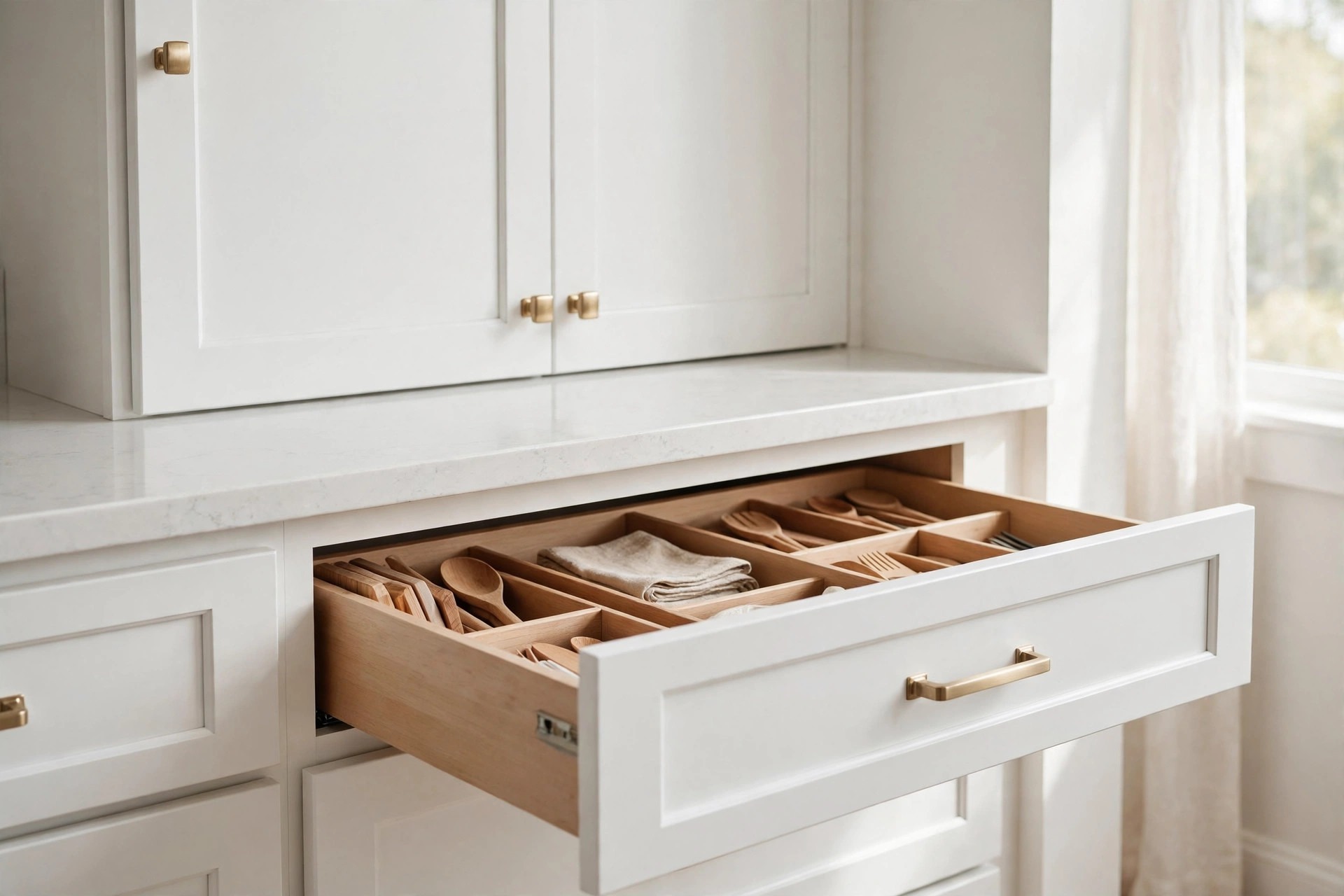 Custom Kitchen Cabinets Denton TX - White Shaker Cabinetry Custom white shaker kitchen cabinets with brass hardware in a Denton remodel