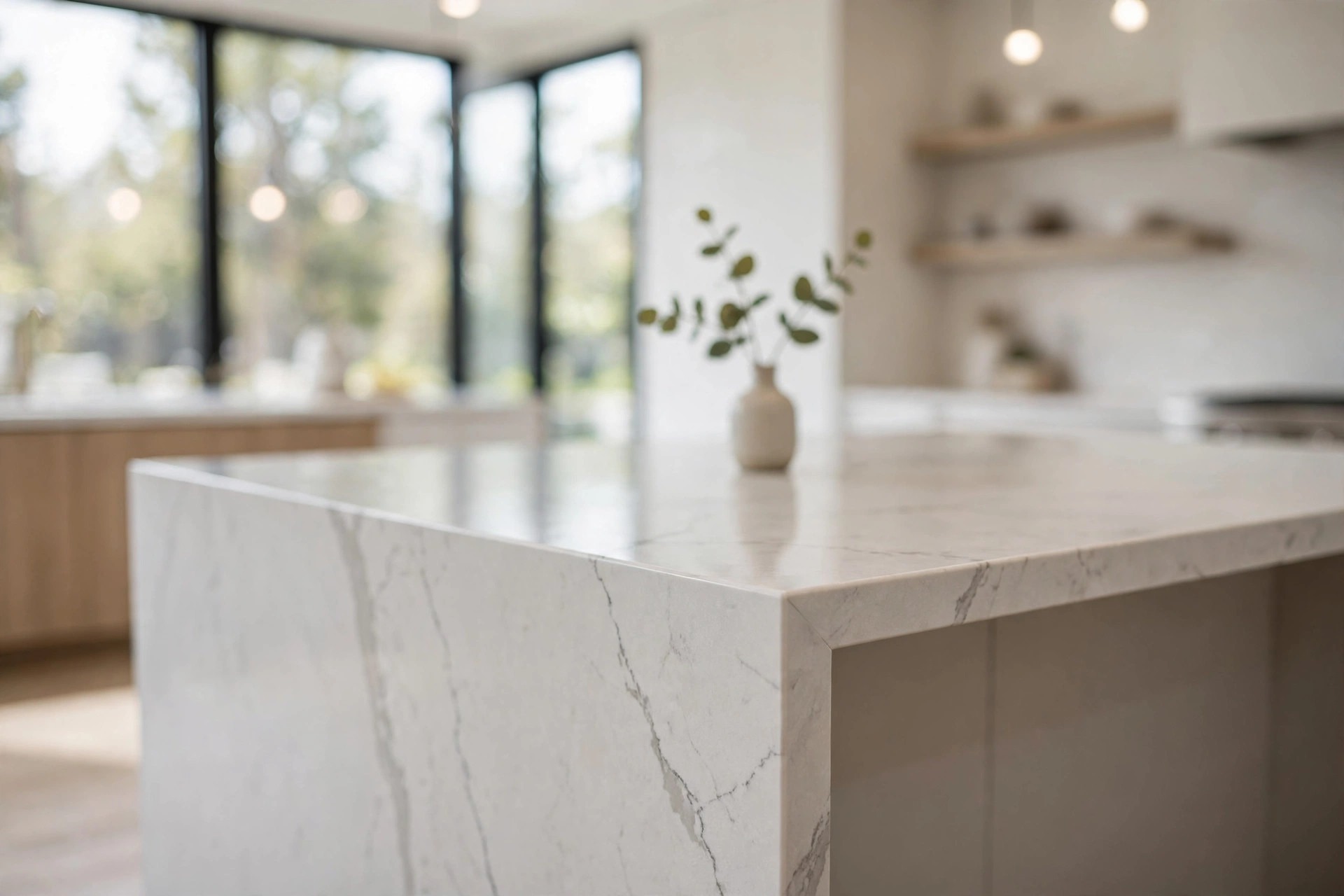 Kitchen Countertops Denton TX - Quartz Waterfall Island White quartz waterfall island countertop in a remodeled Denton kitchen