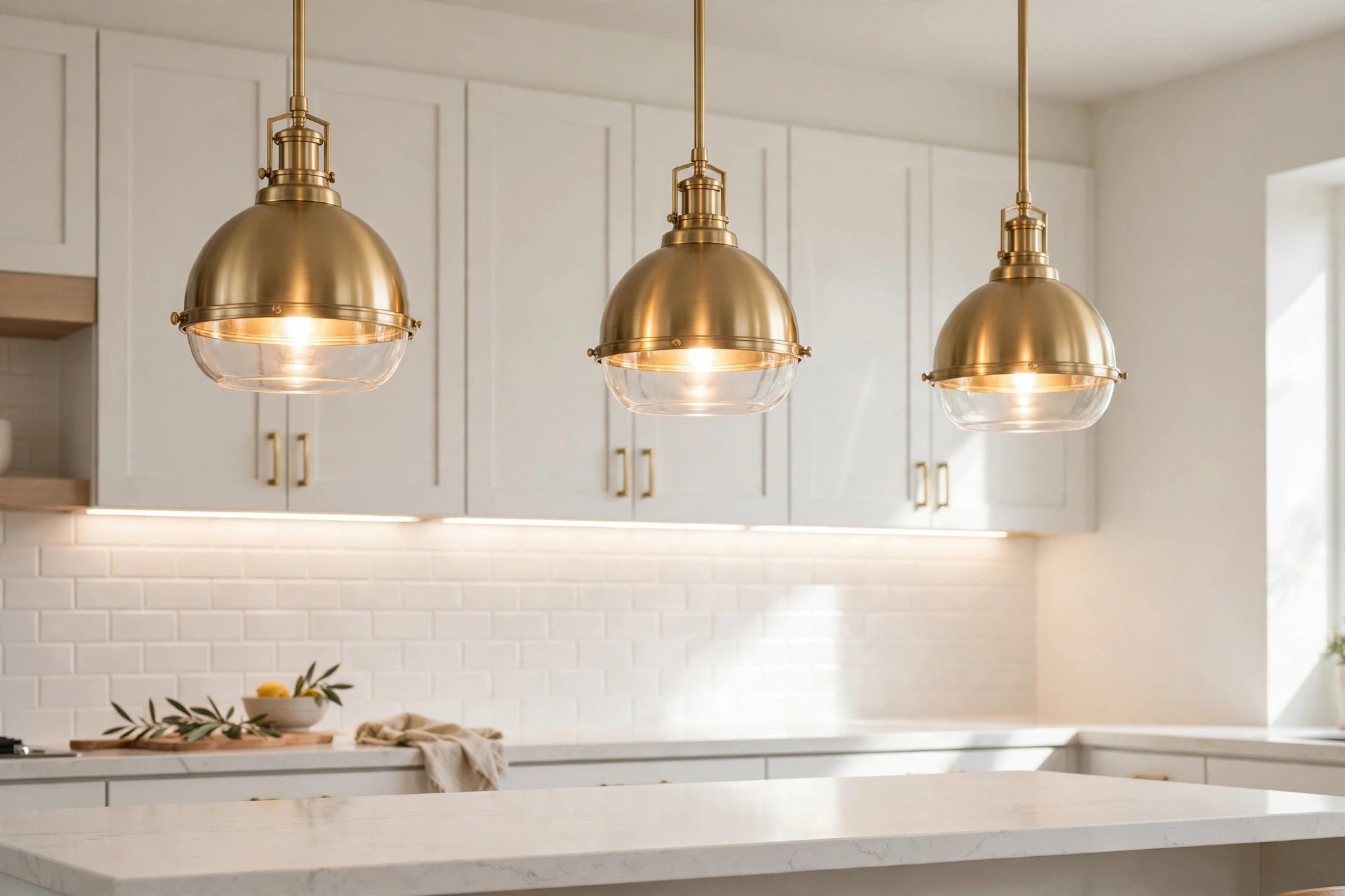 Kitchen Lighting Denton TX - Pendant and Under-Cabinet Lights Brass pendant lights and under-cabinet lighting over a Denton kitchen island