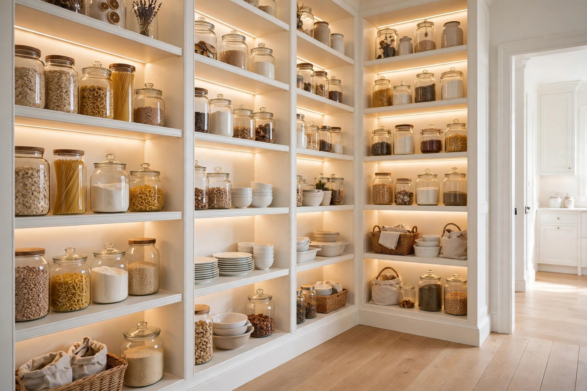 Walk-In Pantry Denton TX - Organized Pantry Shelving Walk-in pantry with lit wood shelving in a remodeled Denton kitchen