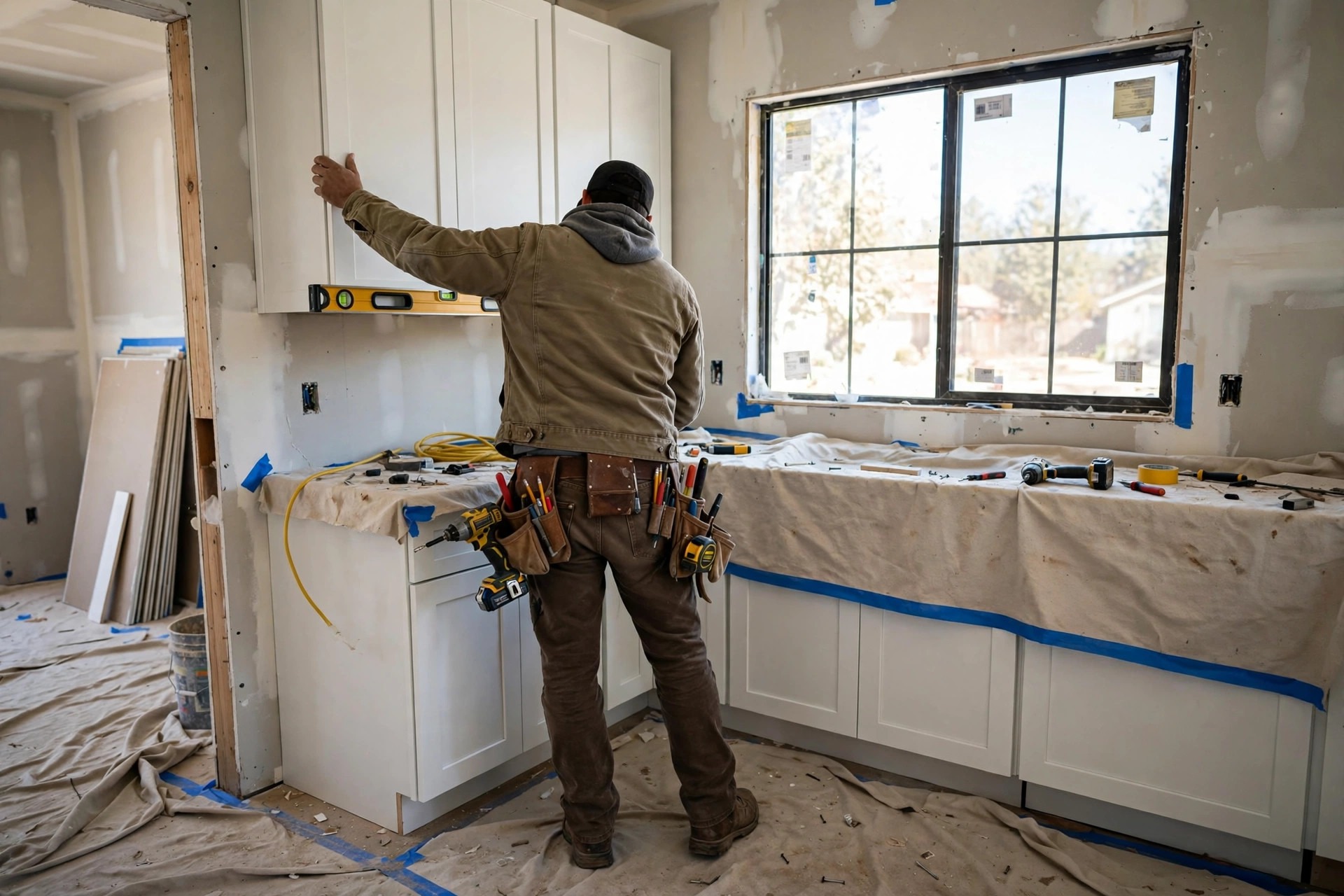 Kitchen Remodel Process Denton TX - Craftsman Installing Cabinets Craftsman installing custom kitchen cabinets during a Denton remodel