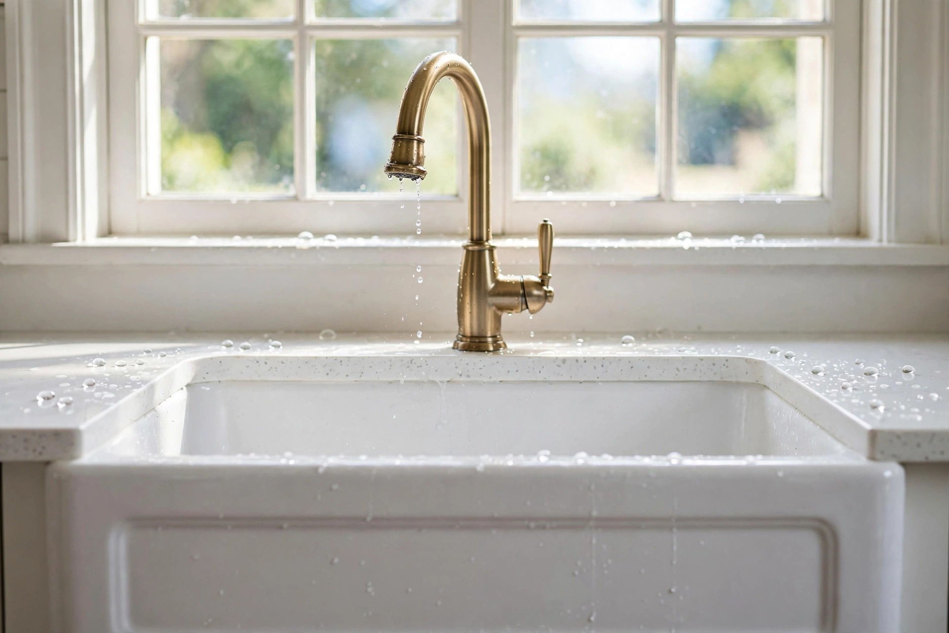 Farmhouse Sink Denton TX - Apron Sink With Brass Faucet White farmhouse apron sink with brass faucet under a Denton kitchen window