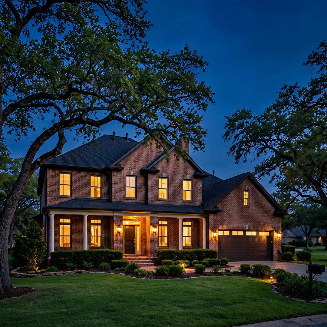 Texas brick home at dusk with mature oak trees