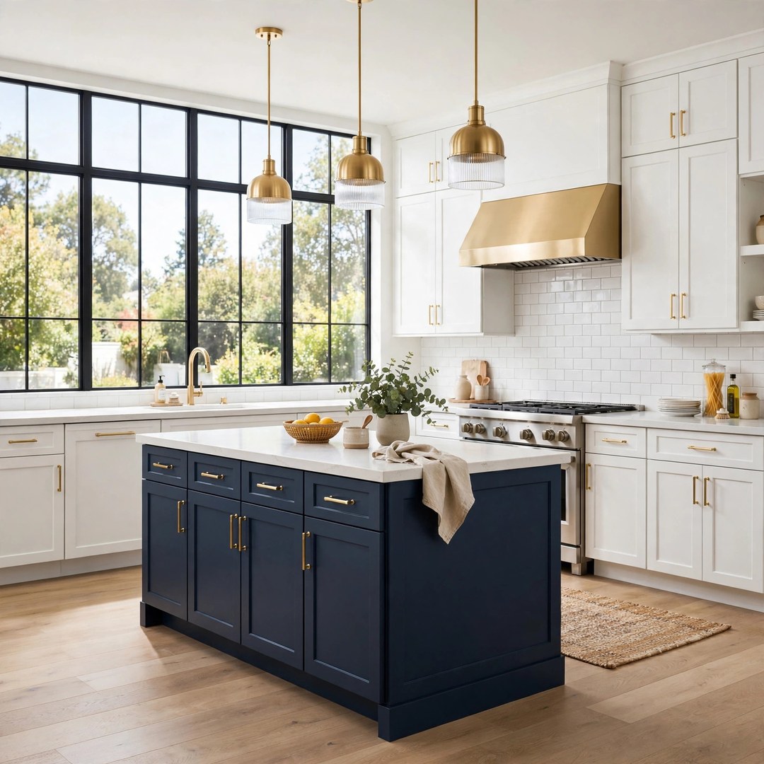 Remodeled kitchen with navy island, white shaker cabinets, quartz counters, and gold hardware