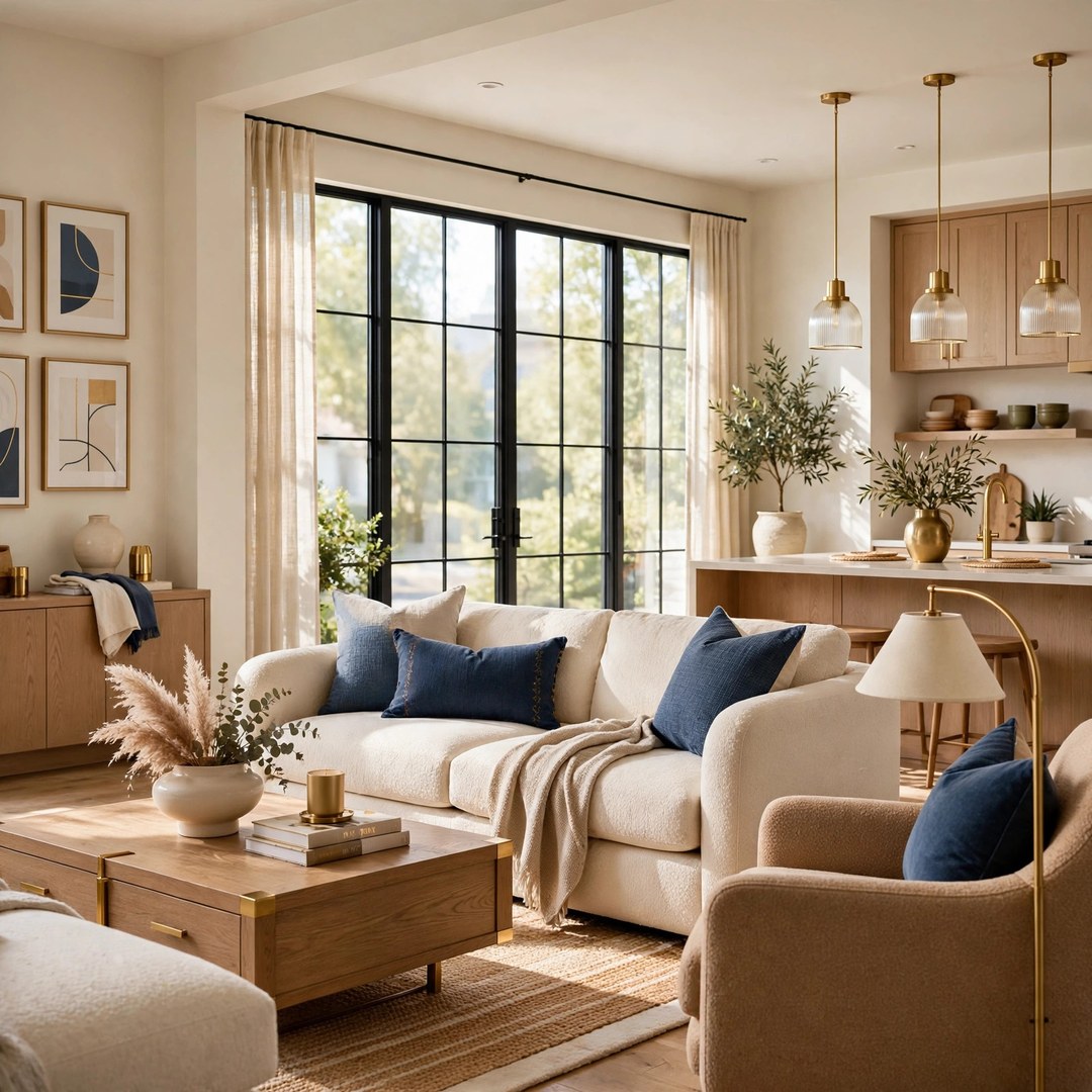 Open-concept living room after a whole-home remodel with neutral tones and natural light