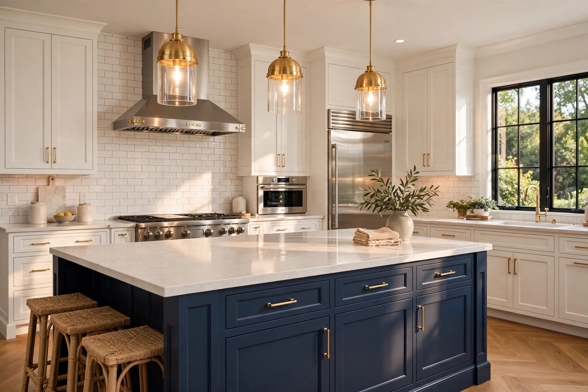 Kitchen Remodeling Frisco TX - Navy Island, White Shaker Cabinets Remodeled kitchen with navy island, white shaker cabinets, quartz counters, and gold hardware