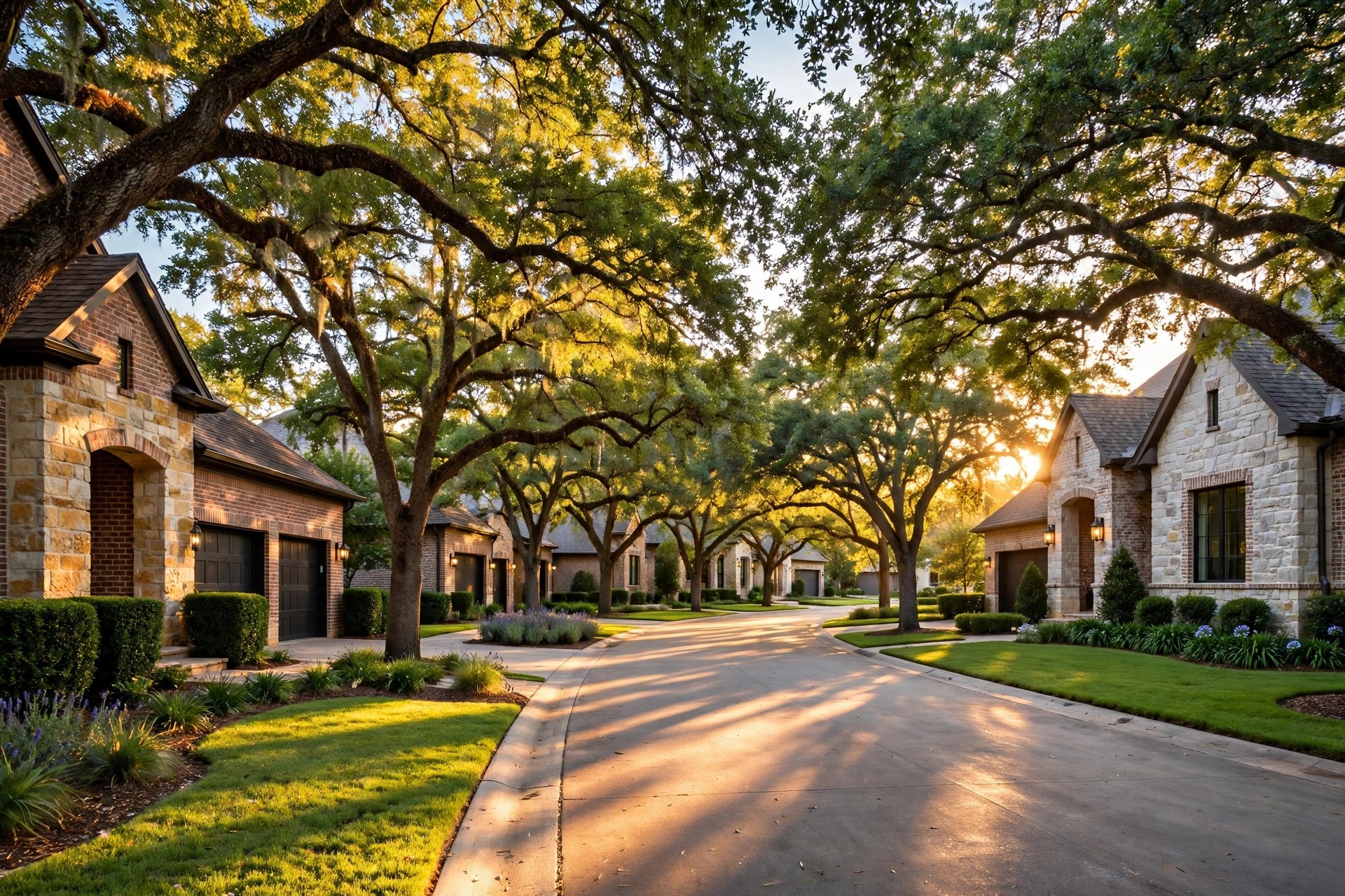 Frisco TX Neighborhoods - Tree-Lined Master-Planned Community Street Tree-lined street in an upscale Frisco master-planned community
