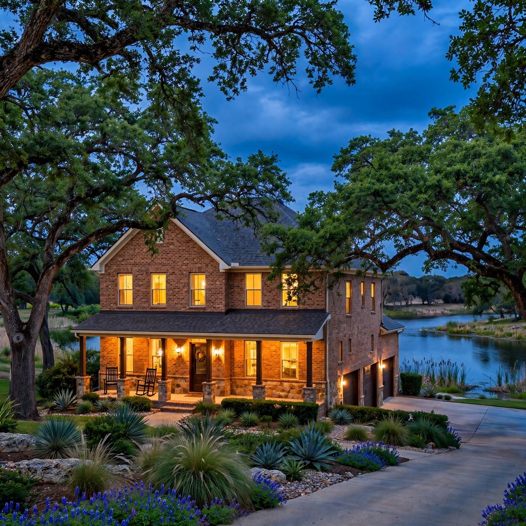 Structural and Multi-Trade Remodeling Highland Village TX - Lake-Area Brick Home at Dusk Lake-area brick home at dusk with mature oak trees