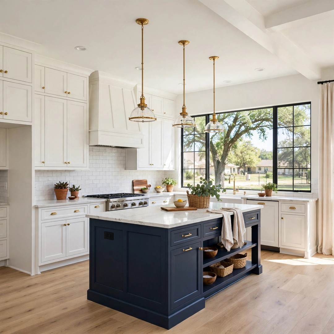 Kitchen Remodeling Highland Village TX - Navy Island, White Shaker Cabinets Remodeled kitchen with navy island, white shaker cabinets, quartz counters, and gold hardware