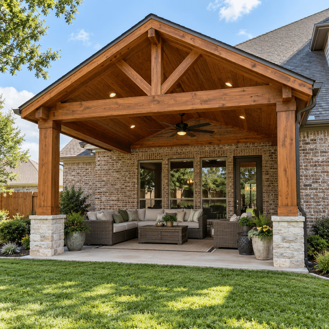 Attached cedar patio cover with vaulted wood ceiling at a North Texas brick home
