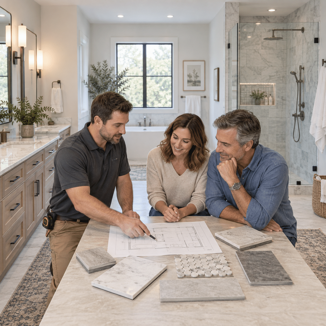 JBN Bathroom Remodeling 1 Homeowners reviewing bathroom plans and material samples with a remodeling contractor