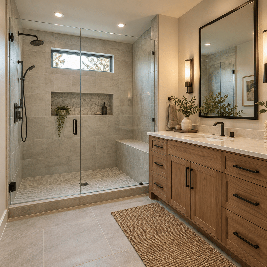 Specialized Divisions 1 Walk-in shower and vanity representing JBN Bathroom Remodeling