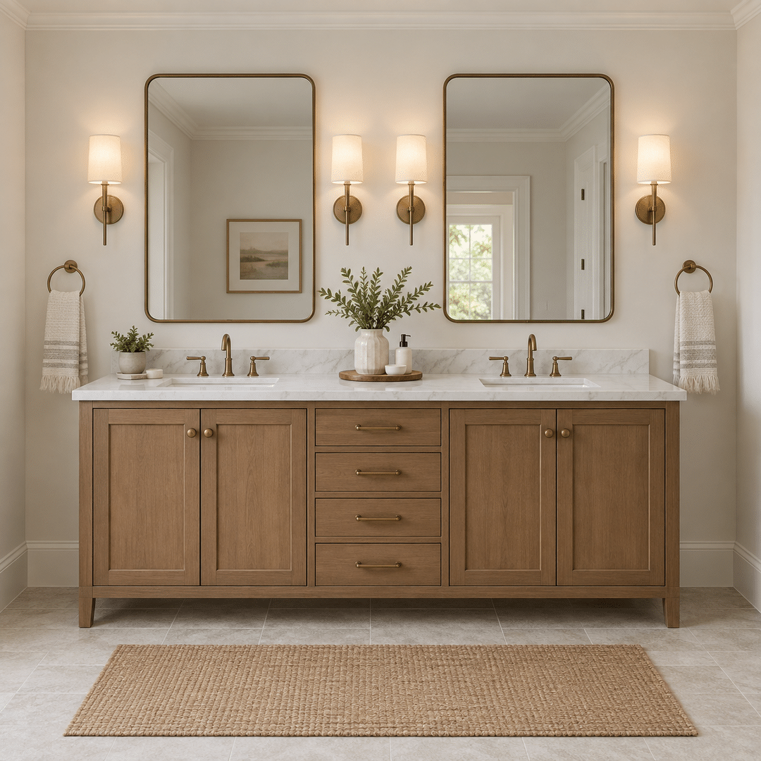 JBN Bathroom Remodeling 4 Double bathroom vanity with coordinated mirrors lighting storage and quartz countertop