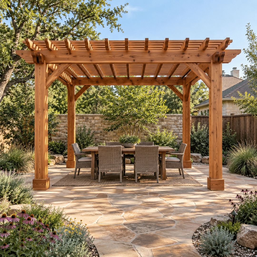 Freestanding cedar pergola over an outdoor dining area