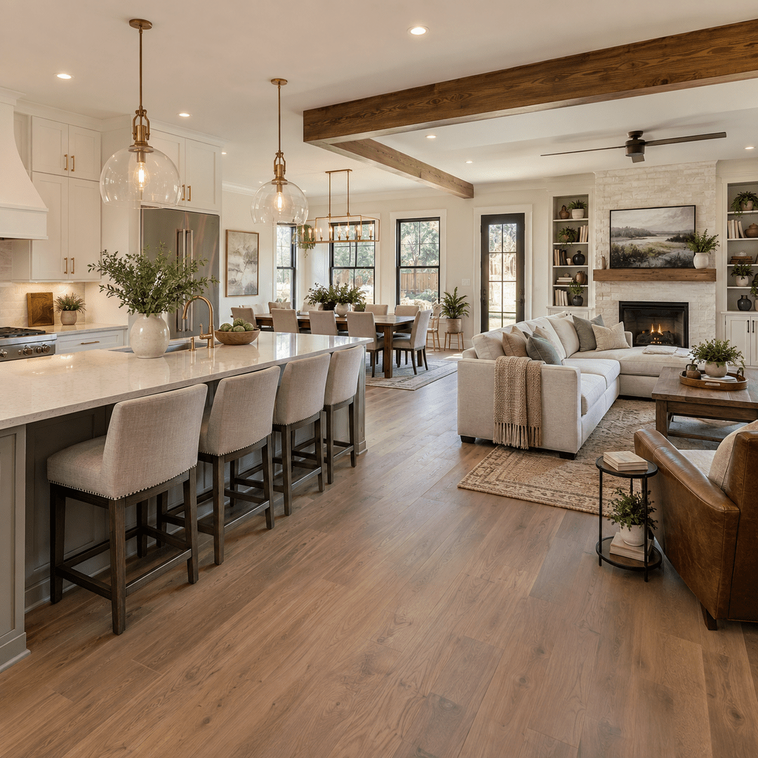 Home Remodeling 2 Connected kitchen dining and living spaces after a Denton whole-home remodel
